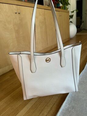 Michael Kors Cream Leather Tote with Gold MK Emblem